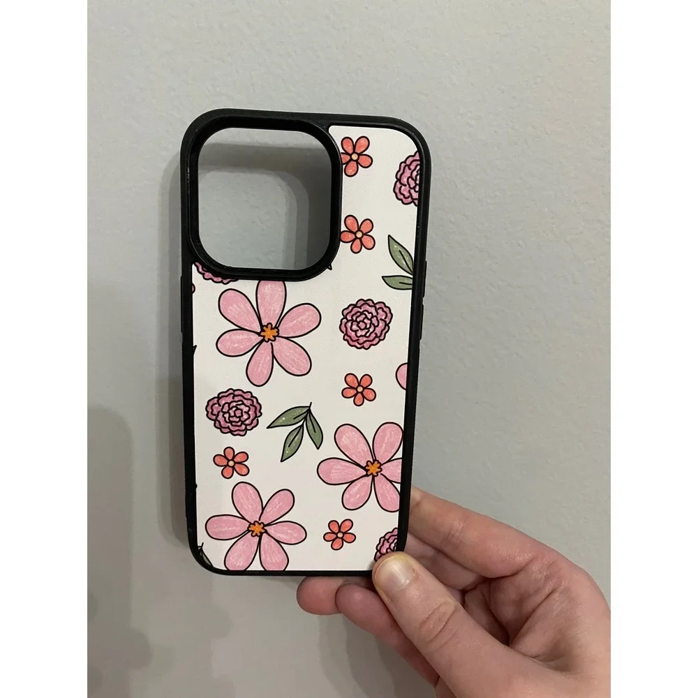 iPhone 15 Pro Case Unisex One Size Pink Floral Hand Drawn Bumper Cover